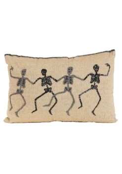 18-Inch Tan Rectangle Decorative Halloween Pillow With Beaded Skeletons