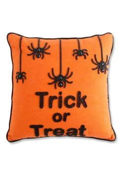 18" Orange Square Beaded Trick Or Treat With Spiders Decorative Pillow