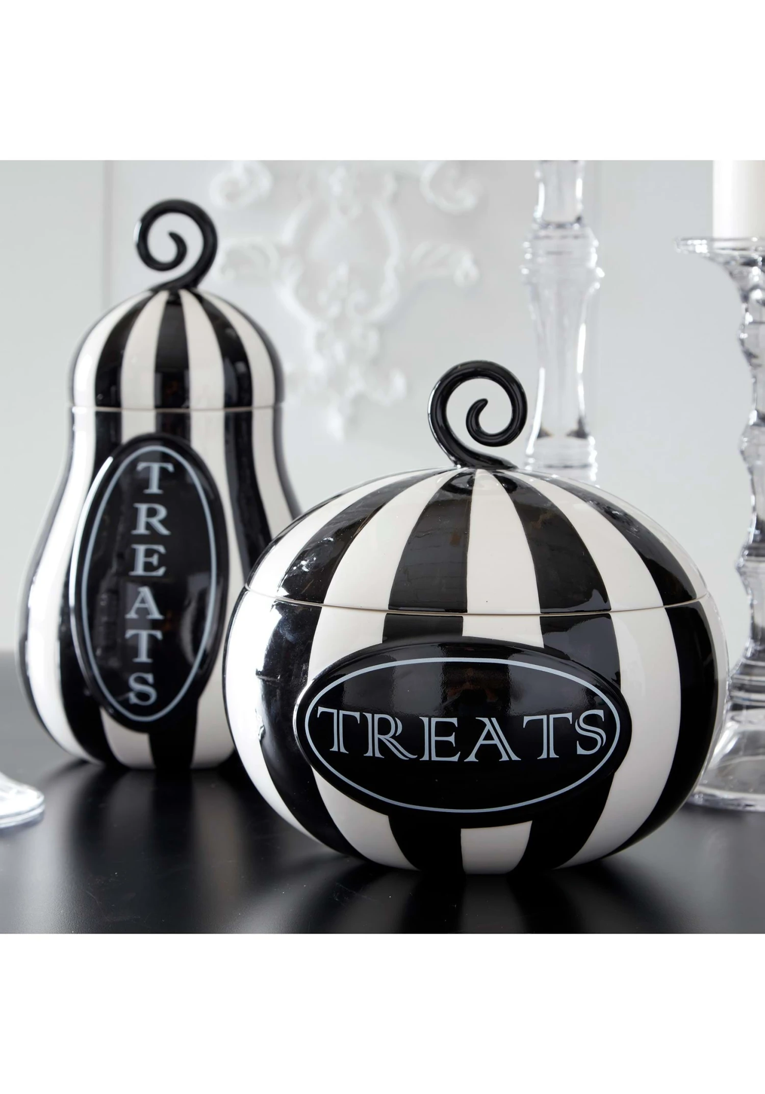 Nine Inch Black And White Striped Pumpkin Treats Container 2 Nine Inch Black And White Striped Pumpkin Treats Container - Image 2