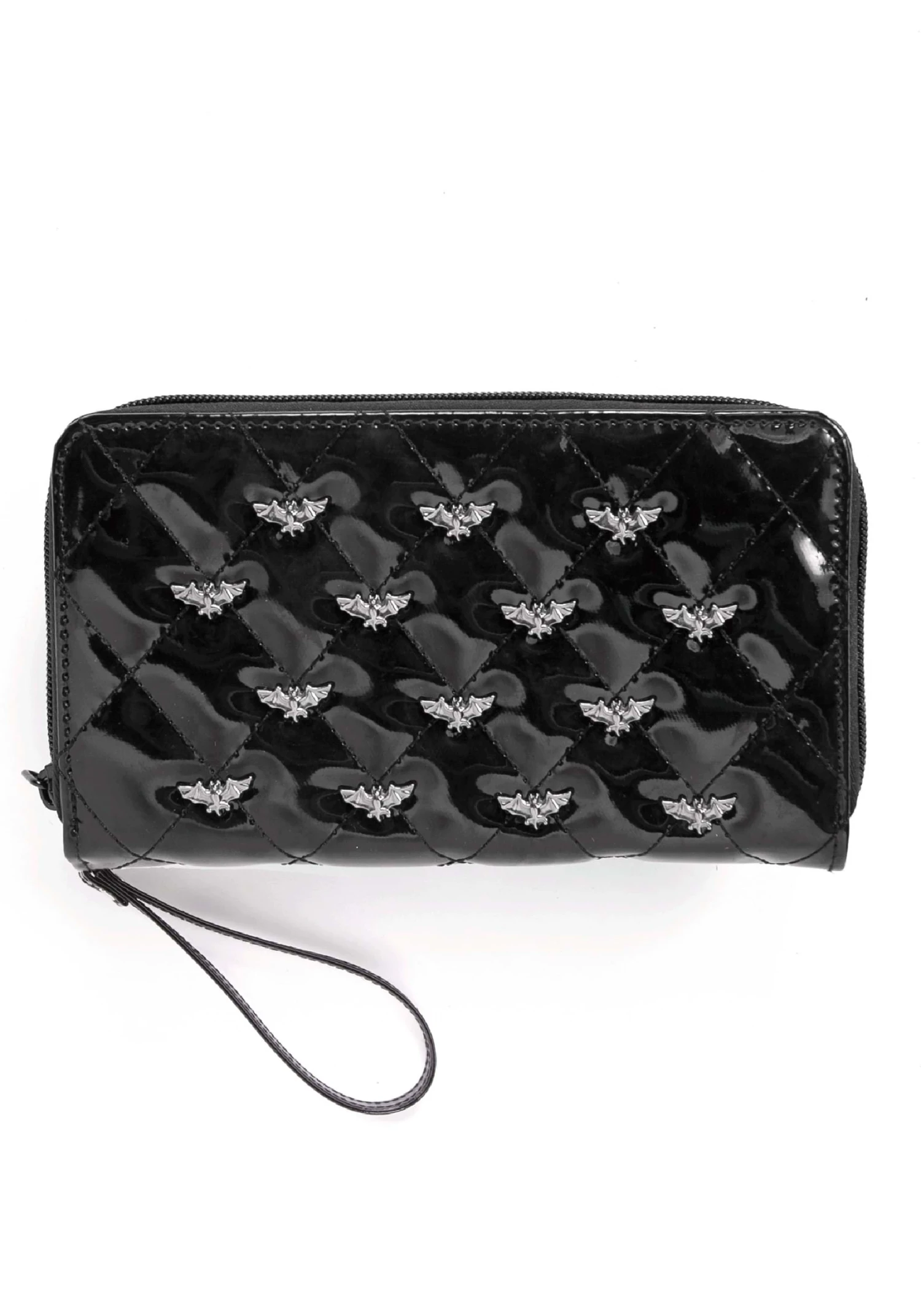 Bat Studded Quilted Faux Patent Zip-Around Black Wallet 1 Bat Studded Quilted Faux Patent Zip-Around Black Wallet