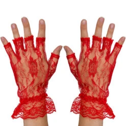 Fingerless Lace Red Gloves - Ladies And Girls Ruffled Lace Finger Free Bridal Wrist Gloves