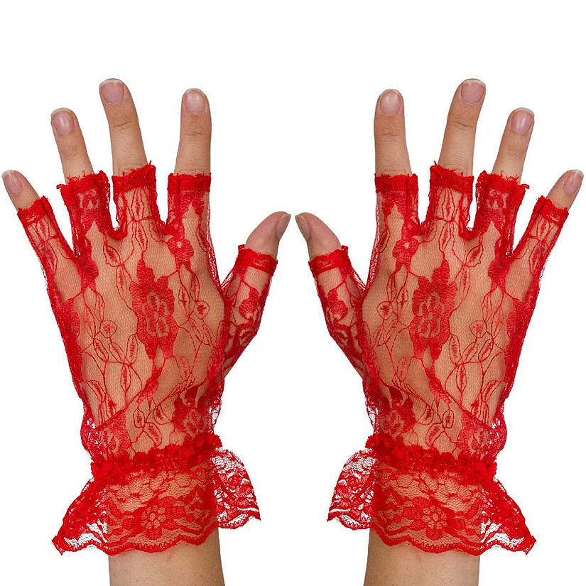 Fingerless Lace Red Gloves - Ladies And Girls Ruffled Lace Finger Free Bridal Wrist Gloves 1 Fingerless Lace Red Gloves - Ladies And Girls Ruffled Lace Finger Free Bridal Wrist Gloves