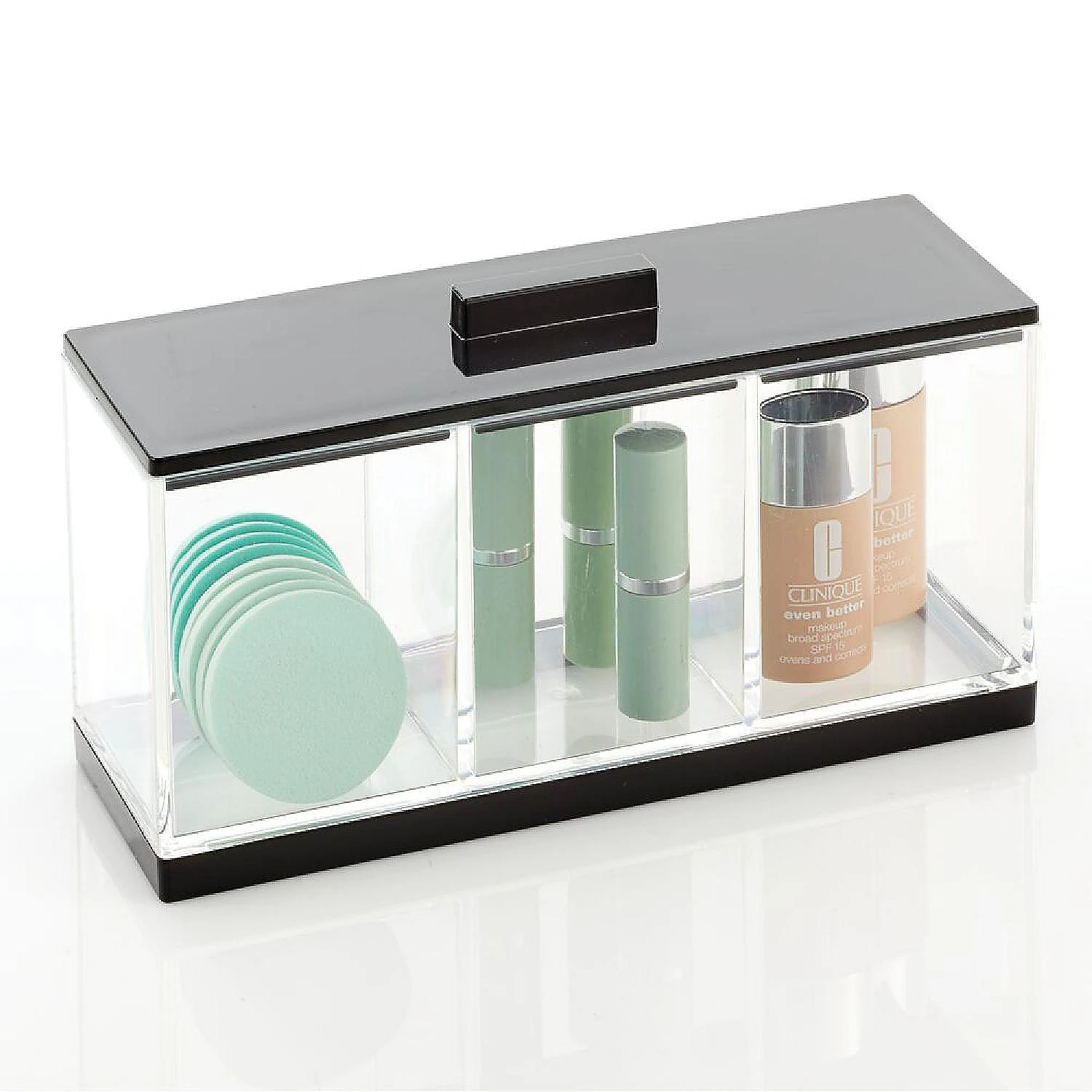 MDesign Cosmetic Divided Organizer Canister Box, 3 Sections And Lid, Clear/Black 2 MDesign Cosmetic Divided Organizer Canister Box, 3 Sections And Lid, Clear/Black - Image 2