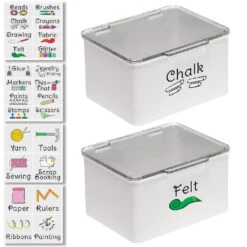 MDesign Stackable Plastic Craft, Sewing Storage Box, 2 Pack + 32 Labels - Gray