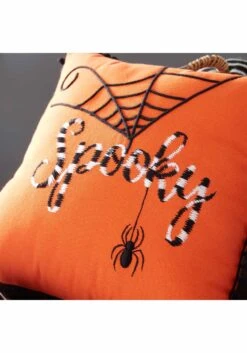 12-Inch Orange Decorative Halloween Pillow With Black And White Embroidery -Halloween Night Deals Store orange halloween pillow with black white embroidery alt 1