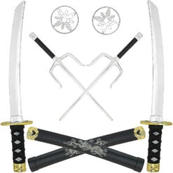 Skeleteen Ninja Weapons Toy Set - Fighting Warrior Weapon Costume Set With Katana Swords, Sai Daggers, And Shuriken Stars - 6 Pieces