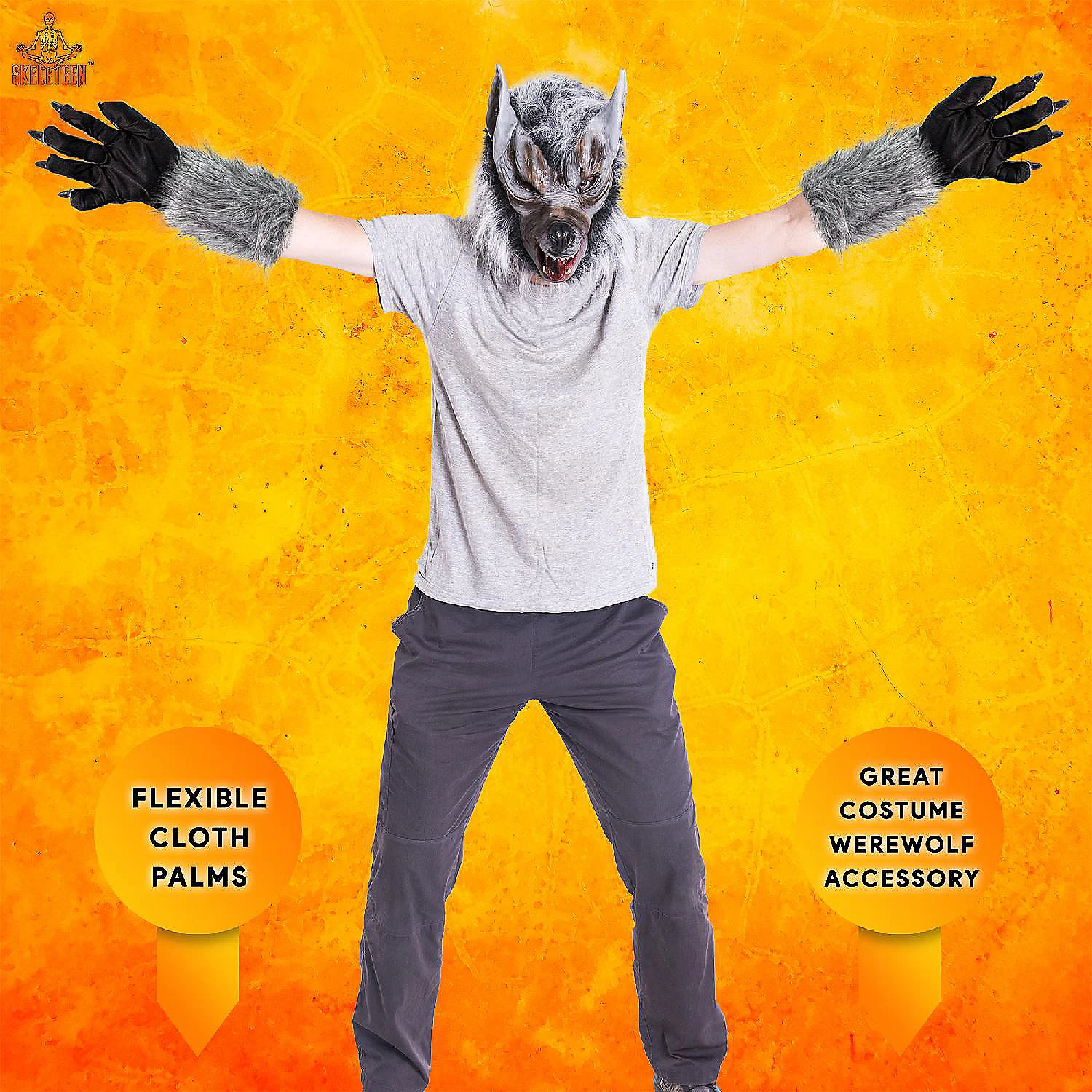 Skeleteen Werewolf Hand Costume Gloves - Grey Hairy Wolf Claw Hands Paws Monster Costume Accessories For Kids And Adults 2 Skeleteen Werewolf Hand Costume Gloves - Grey Hairy Wolf Claw Hands Paws Monster Costume Accessories For Kids And Adults - Image 2