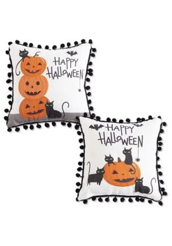 Set Of 2 White Happy Halloween 9" Decorative Pillows With Black Pom Poms